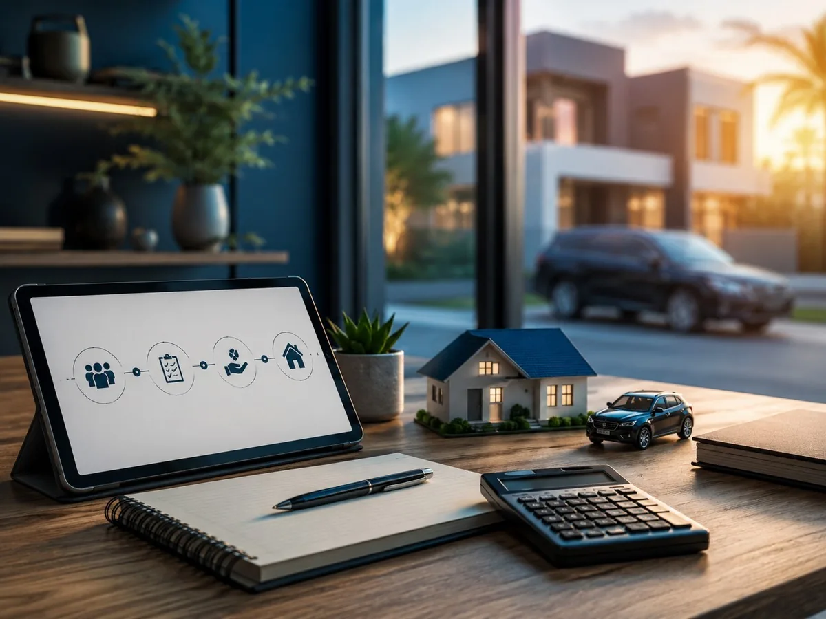 Como funciona o consórcio | Consórcio Porto Murtinho Tablet com ícones de grupo, contrato e casa sobre a mesa, com miniaturas de casa e carro, calculadora e casas com SUV ao fundo