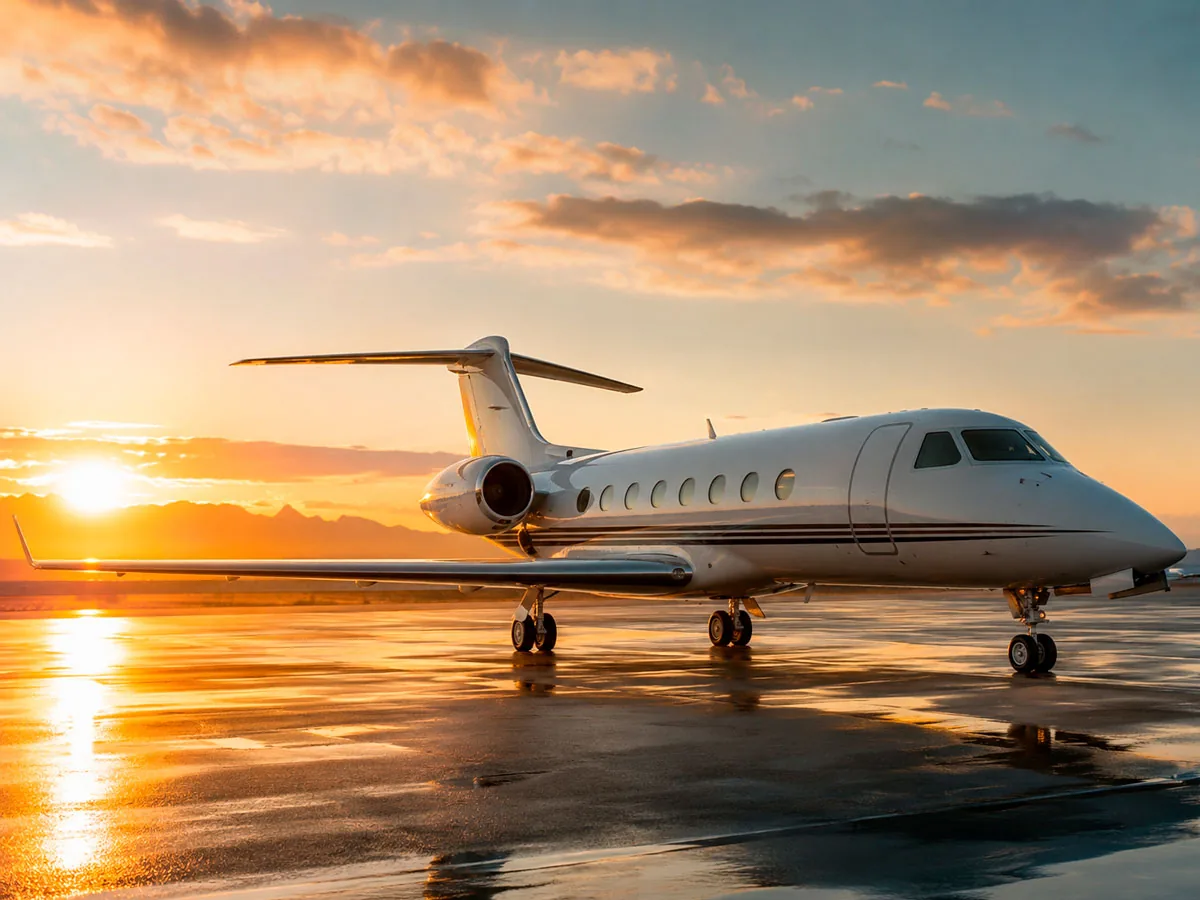 Jato executivo estacionado na pista ao pôr do sol: Consórcio de Helicóptero Executivo, em Porto Murtinho e Mato Grosso do Sul