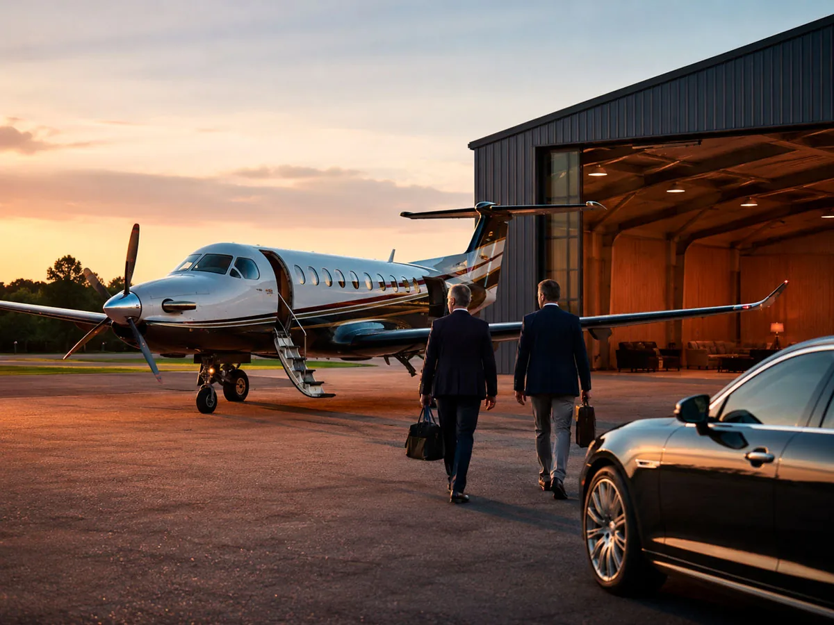 Avião turboélice executivo em frente ao hangar ao entardecer: Consórcio de Helicóptero, em Porto Murtinho e Mato Grosso do Sul