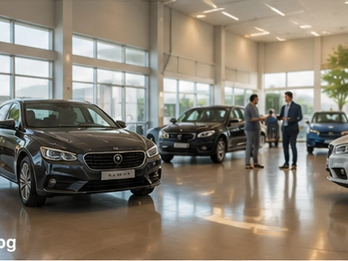 Showroom de concessionária com carros e cliente conversando com vendedor