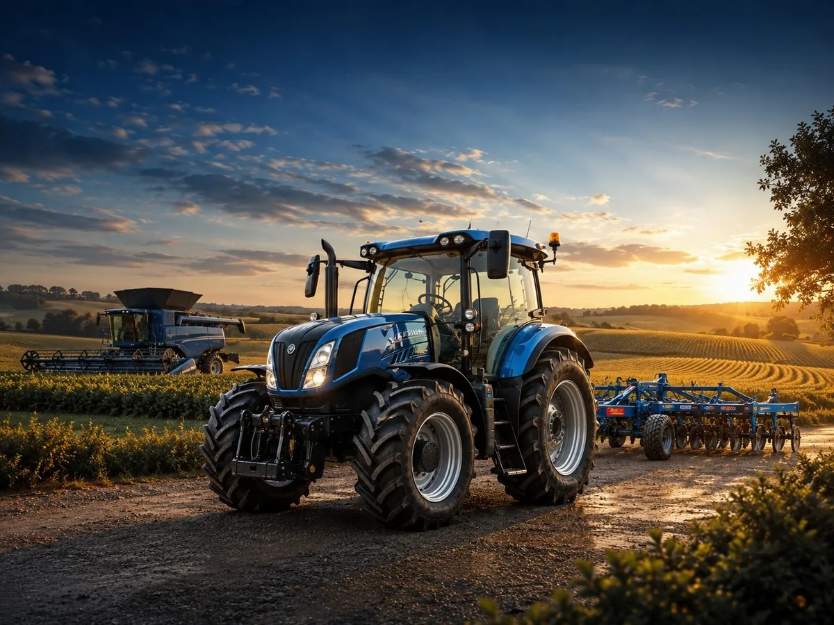 Trator e colheitadeira em lavoura ao amanhecer, consórcio de máquinas agrícolas em Porto Murtinho e Mato Grosso do Sul