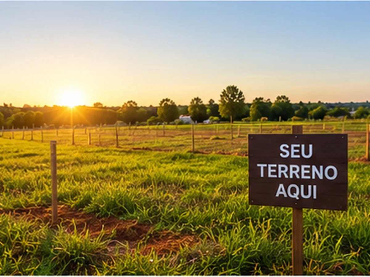Terreno gramado com cerca de arame e placa escrita Seu terreno aqui, ao nascer do sol
