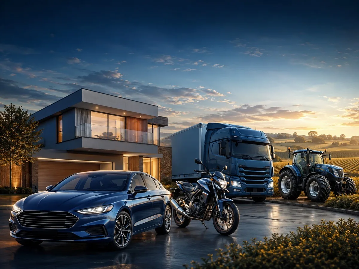 Carro sedã azul, moto, caminhão baú e trator diante de uma casa moderna ao entardecer, representando as cidades atendidas pelo Consórcio Porto Murtinho no sudoeste de Mato Grosso do Sul