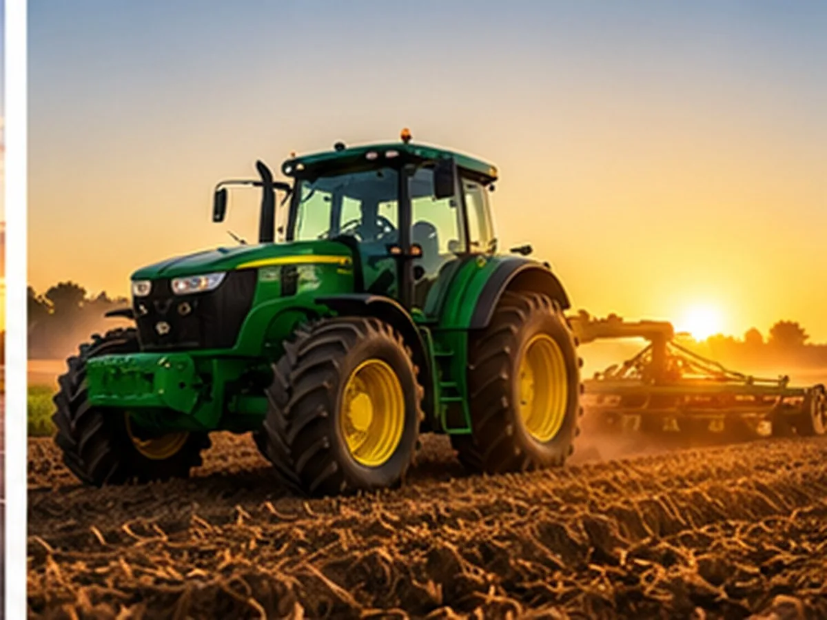 Consórcio Ademicon agro em Porto Murtinho MS | Consórcio Porto Murtinho Trator verde puxando grade sobre solo preparado ao nascer do sol, representando máquina agrícola comprada com consórcio