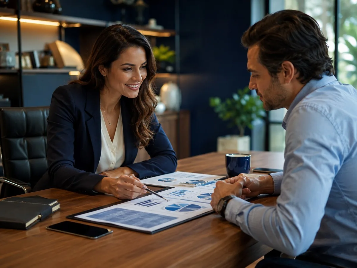 Consultora apresentando gráficos financeiros a um empresário numa mesa de reunião