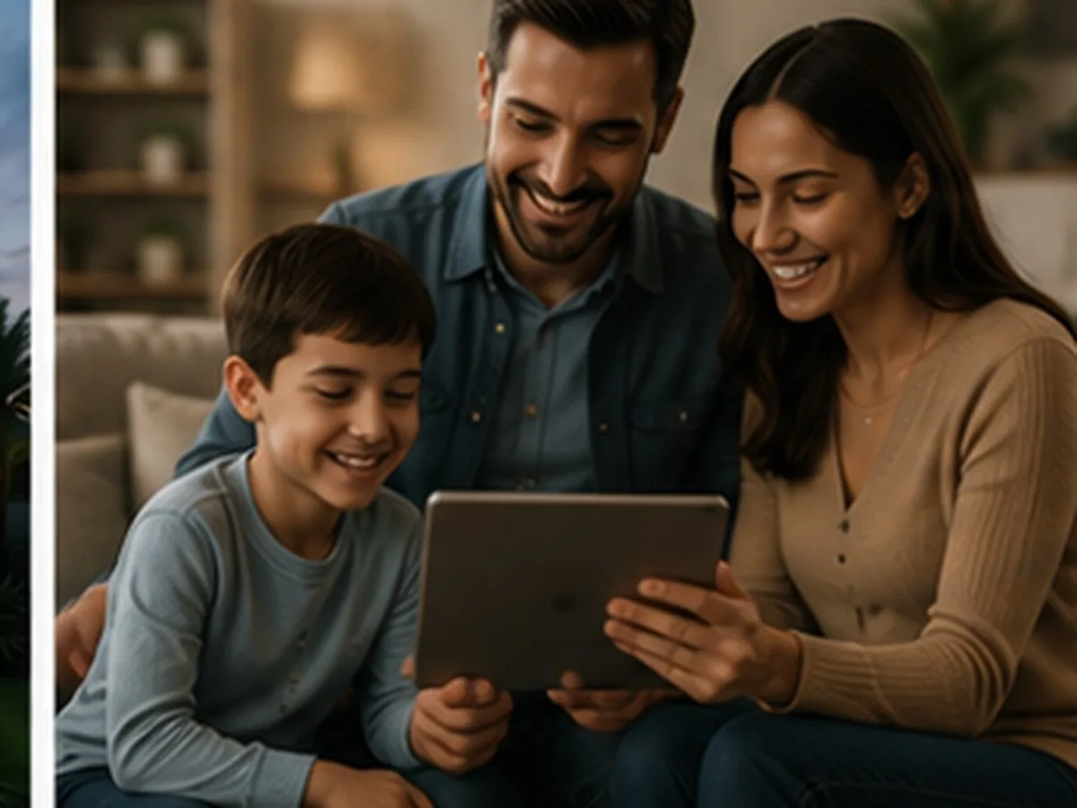Pai, mãe e filho sorrindo no sofá enquanto olham um tablet, a família que o seguro de vida para caminhoneiro ajuda a proteger
