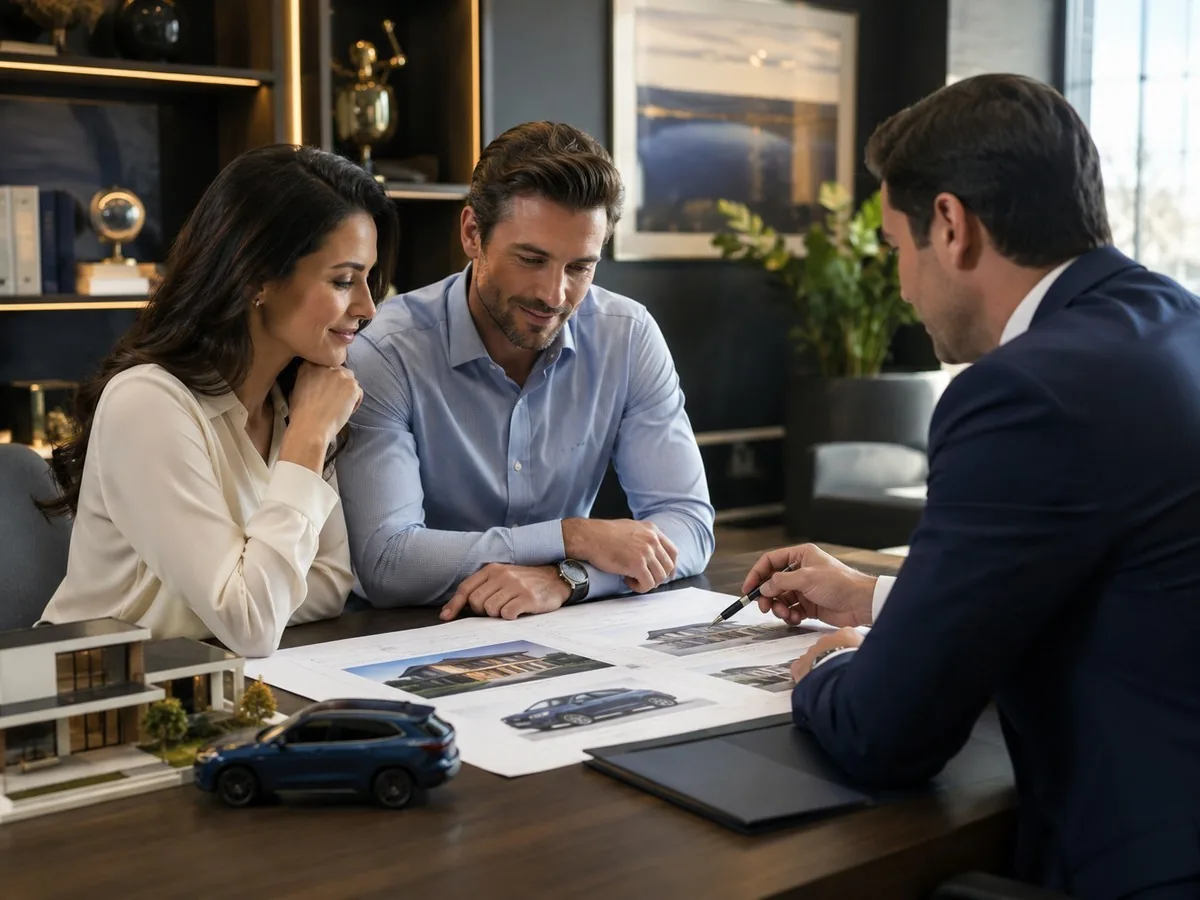 Casal sentado à mesa com um consultor, olhando fotos de casa e de carro, com miniaturas de casa e de carro sobre a mesa, planejando o uso da carta de crédito