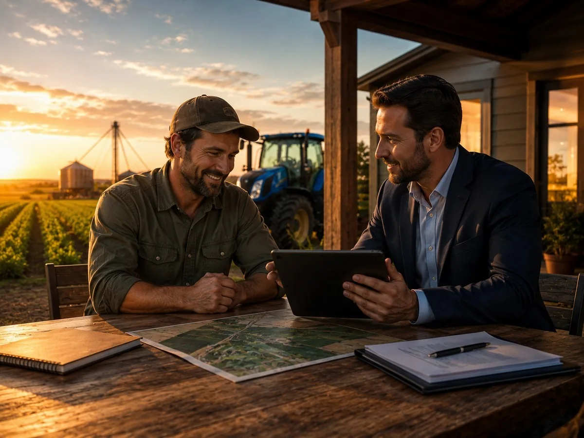 Consórcio de Chácara em Porto Murtinho MS | Consórcio Porto Murtinho Produtor rural e consultor conversando numa mesa com tablet e mapa, com lavoura, silo e trator ao fundo