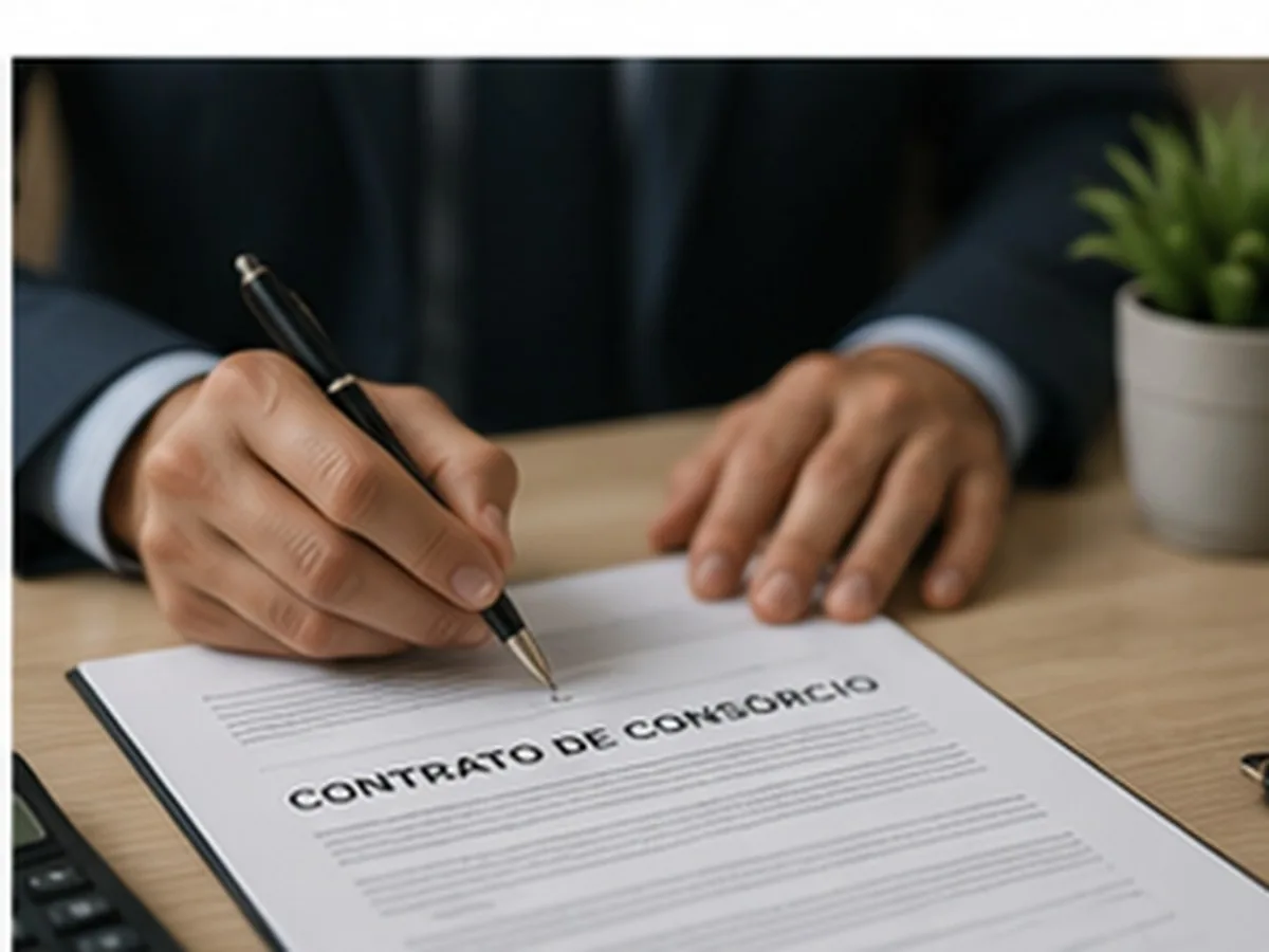 Mão com caneta sobre um documento intitulado contrato de consórcio, conferência de cláusulas quando a carta de crédito não é liberada