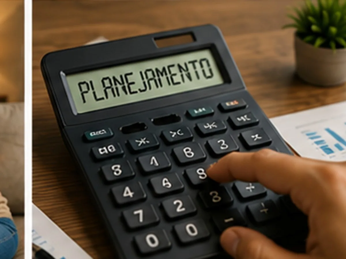 Consórcio com parcela reduzida | Consórcio Porto Murtinho Mão digitando em calculadora com a palavra planejamento no visor, sobre mesa de madeira com papéis e um vaso de planta
