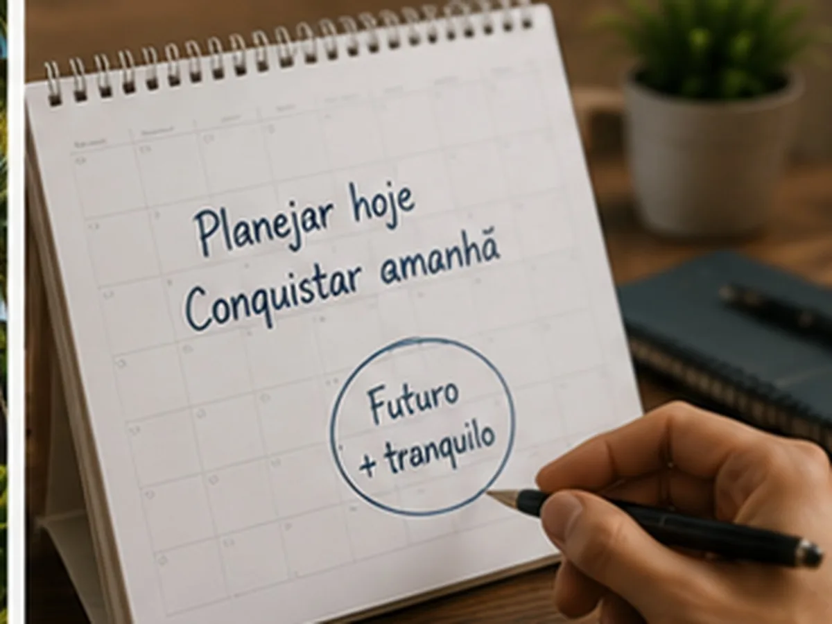 Quanto tempo demora para ser contemplado no consórcio? | Consórcio Porto Murtinho Mão escrevendo num calendário de mesa as frases planejar hoje, conquistar amanhã e futuro mais tranquilo