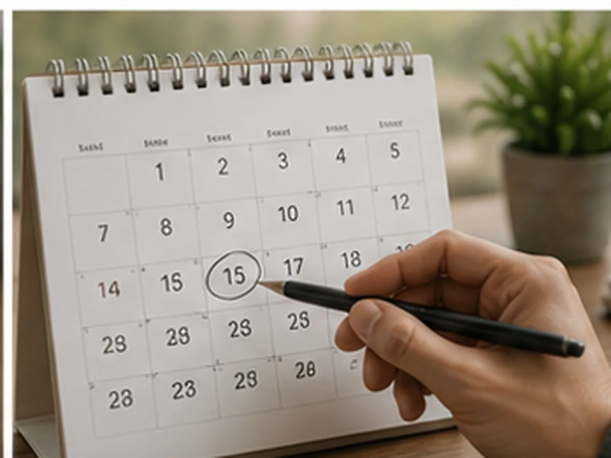 Prazo para usar a carta de crédito do consórcio | Consórcio Porto Murtinho Mão com caneta circula uma data em calendário de mesa, planejamento do prazo para usar a carta de crédito